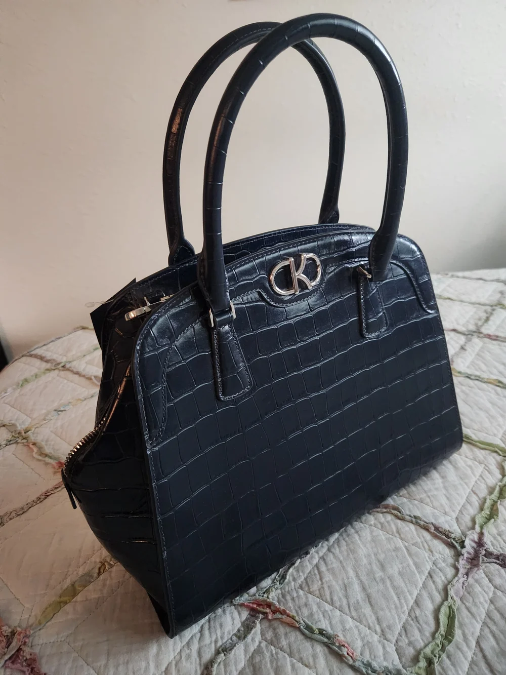 Kate Spade Blazer Blue Croc-Embossed Satchel, Silver Hardware, Crossbody Strap